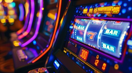 Slot Machine Jackpot: A slot machine displaying a winning combination, coins and lights celebrating the jackpot. 
