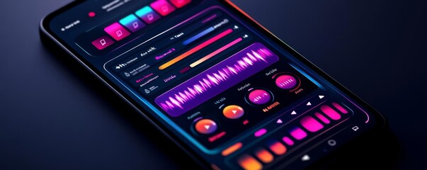Dark mode music player UI, neon accents, intuitive playback controls, personalized playlists, and artist discovery features, ideal for mobile use