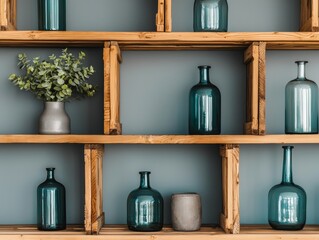 Shelves made from repurposed wooden crates, adorned with recycled glass vases, ecofriendly living room furniture, modern rustic decor