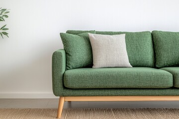 Sofa made with upcycled fabric and cushions, placed in a modern living room, sustainable furniture, ecofriendly home decor