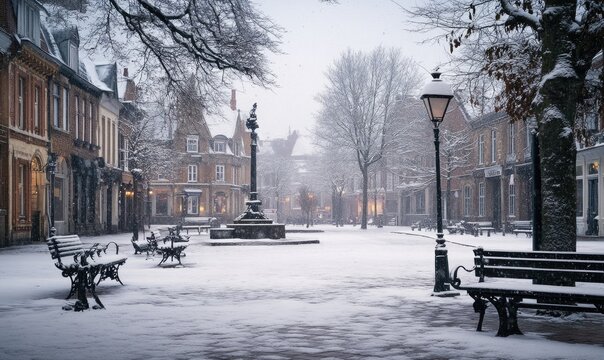 A snowy city square with a fountain and benches