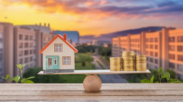 A model house and coin stacks balanced on a seesaw against an urban backdrop during sunset.