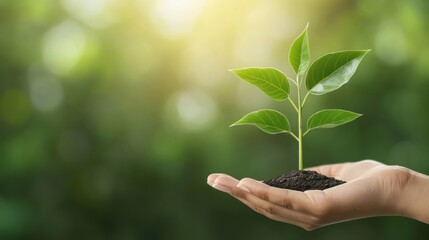 A hand holding a small plant in a pot