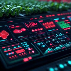 Digital agriculture management tool, holographic crop data, neon weather forecasting, futuristic farming dashboard