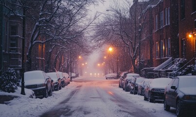 Fototapeta premium A snowy street with cars parked on both sides