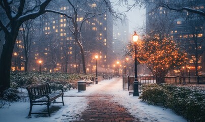 A snowy park with a bench and a path