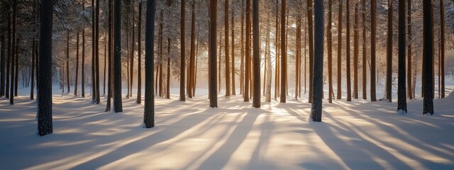Snowy forest with tall trees casting long shadows. Nature background. Travel banner