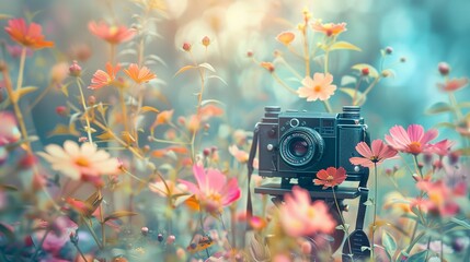 Photo vintage camera in flowers and planta background