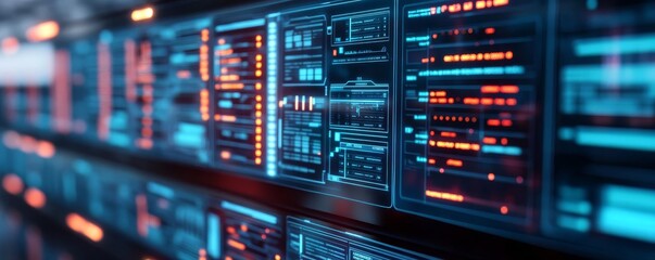 Digital workflow management tool, holographic task boards, glowing progress indicators, futuristic workspace