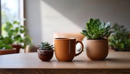 Ceramic Mug and Small Plants on a Table. A ceramic mug and small plants, such as succulents, on a table, creating a cozy and inviting scene.