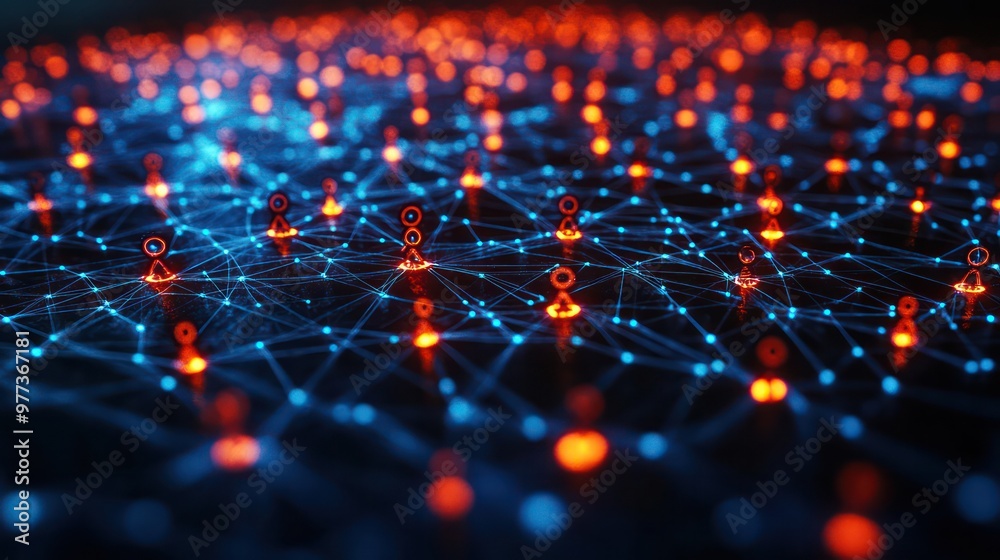 Fototapete A computer generated image of a network of dots with some of them being red