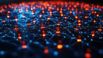 Obraz premium A computer generated image of a network of dots with some of them being red