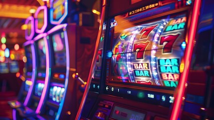 Slot Machine Jackpot: A slot machine displaying a winning combination, coins and lights celebrating the jackpot. 
