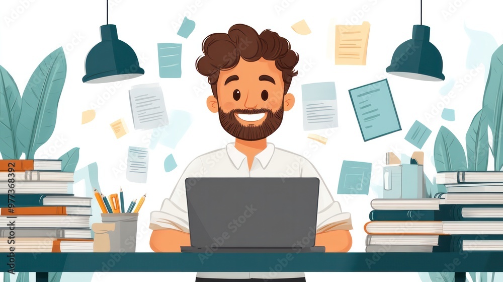 Poster a man is sitting at a desk with a laptop and a stack of books
