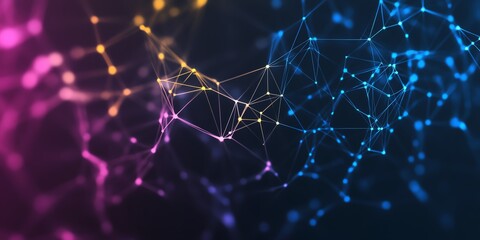 Abstract network of interconnected points and lines in a vibrant, gradient background. Concept of technology, data, and connectivity.