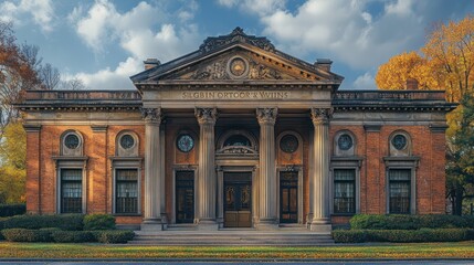 A large brick building with a clock tower and a large window