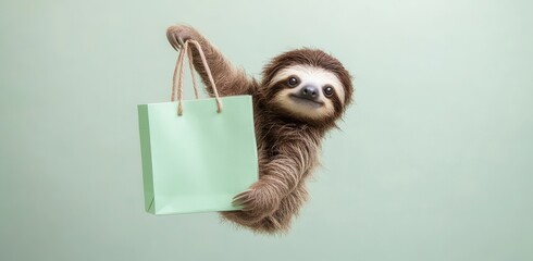Fototapeta premium Adorable Baby Sloth Hanging onto Shopping Bag Isolated on Pale Green Background