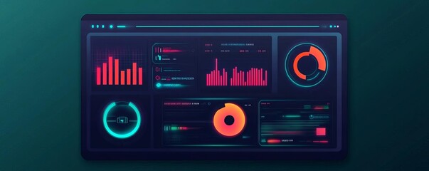 Futuristic dashboard interface with holographic elements, software UI for data analytics and management, neon color palette, cyberpunk design