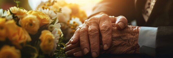 Close up of a supportive bereavement coordinator helping families cope with loss at a floral-filled memorial gathering