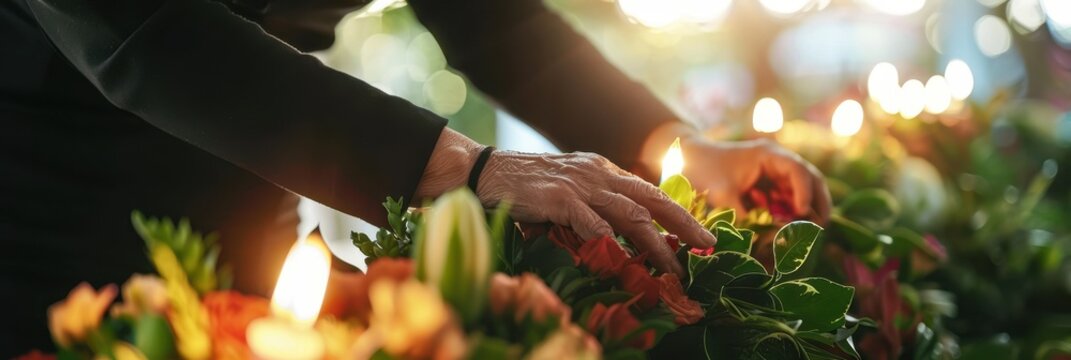 Close-up view of a bereavement coordinator preparing floral arrangements in a serene setting during a memorial service