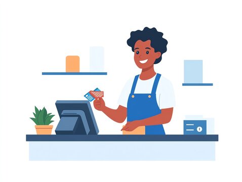 Smiling cashier in a blue apron processes a payment at the checkout counter, with a card reader in a retail store setting.