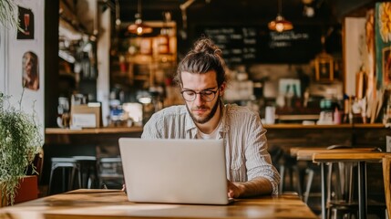 Obraz premium A focused young man working on a laptop in a cozy cafe, surrounded by a warm ambiance and artistic decor.