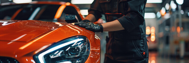 Professional car polisher cleaning a vibrant orange vehicle in a well-lit garage during the daytime