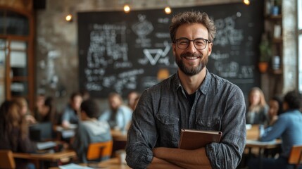 World Teachers' Day. The teacher stands in front of the class with a kind smile, holding a book or chalk in his hands. Formulas, diagrams, or inspirational quotes are written on the board behind it