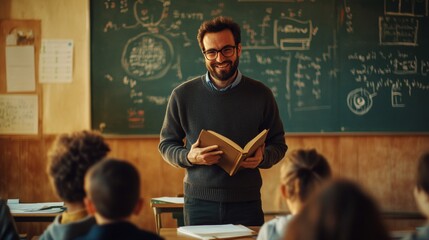 World Teachers' Day. The teacher stands in front of the class with a kind smile, holding a book or chalk in his hands. Formulas, diagrams, or inspirational quotes are written on the board behind it