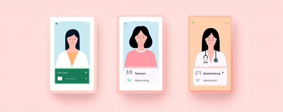 Healthcare app UI, soft pastel colors, friendly icons, easy access to patient data, and appointment scheduling