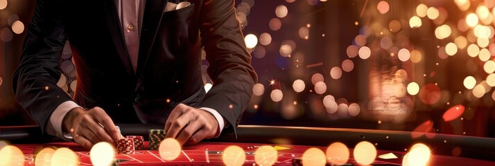 Professional croupier attending to a roulette table in a lively casino environment during an evening gaming session