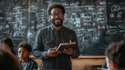 World Teachers' Day. The teacher stands in front of the class with a kind smile, holding a book or chalk in his hands. Formulas, diagrams, or inspirational quotes are written on the board behind it