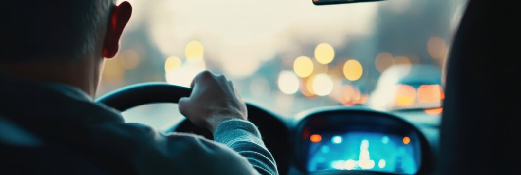 Professional driving instructor guiding a learner driver during an evening lesson on a busy urban street