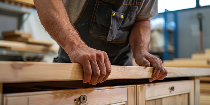 Professional furniture assembler working diligently in a workshop to craft high-quality wooden pieces during daylight hours