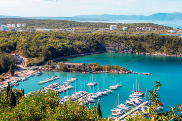 Naklejka premium Town of Omisalj and marina aerial view, Island of Krk, Croatia