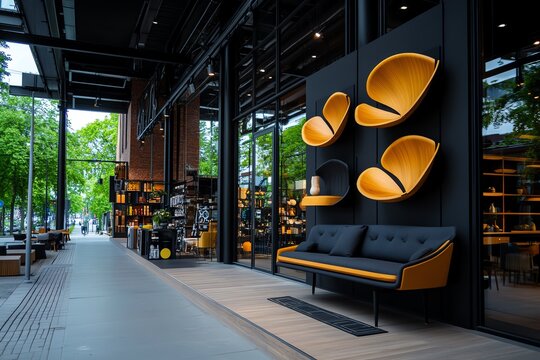 A scene at the Helsinki Design District, with unique shops showcasing Scandinavian-inspired furniture and home decor