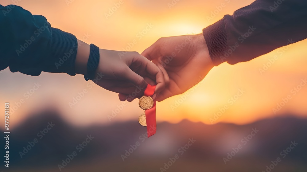 Wall mural Hands Clasping a Medal in Unity: Two hands clasping a medal together, symbolizing teamwork and unity, with a soft-focus background of a sunset.
