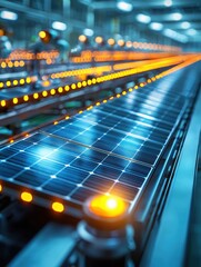 A row of solar panels are being manufactured in a factory