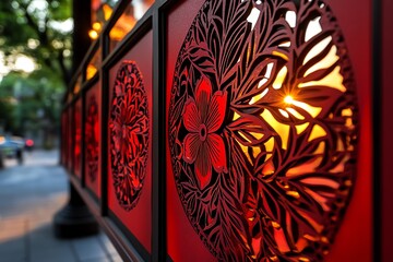 A series of intricate red paper cuttings adorning a window, casting soft shadows in the evening light