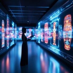 Interactive museum guide, holographic artifact details, digital room navigation, futuristic cultural experience