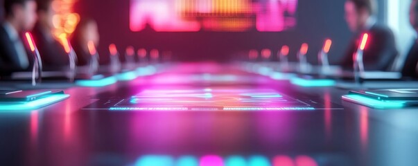 Interactive presentation tool, holographic slide transitions, glowing visual aids, futuristic corporate meeting