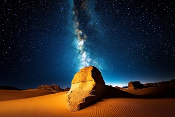 A starlit desert landscape, with the Milky Way shining brightly overhead