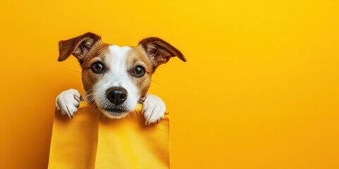 Curious Dog with Head Stuck in Shopping Bag on Yellow Background