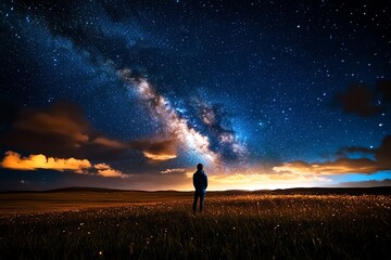 Fototapeta premium A starry sky over an open field, with a lone figure standing in awe of the universe above