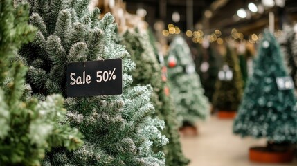Close-up of artificial Christmas trees on sale. The sign on the Christmas tree indicates the "Sale 50%" promotion. In the background, other Christmas trees in the store are blurred.