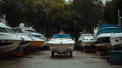 Boats on Stands in an Outdoor Yacht Garage, Vessel Maintenance and Storage