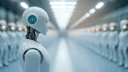 A futuristic scene featuring humanoid robot in high tech environment, surrounded by identical robots.