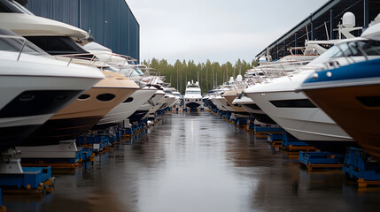 Fototapeta premium Boats on Stands in an Outdoor Yacht Garage, Vessel Maintenance and Storage