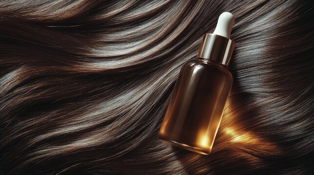 A luxurious hair serum bottle rests elegantly on silky smooth hair, showcasing beauty and nourishment in a stylish composition.