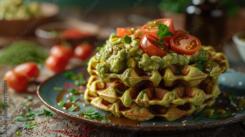 Wall mural A stack of waffles topped with guacamole and tomatoes